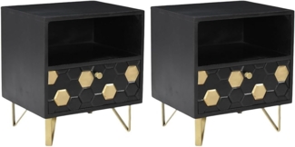 Vente-unique - 2er-Set Nachttische mit 1 Schublade & 1 Ablagefach - Mangoholz & Metall - Schwarz & Goldfarben - BELORI