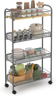 Sekey Rollwagen, Küchenwagen mit 4 Ebenen | Oberer MDF-Platte | Stahl | 360°-Räder | Griff | Nischenregal auf Rollen für kleine Räume, Küche, Bad, Wohnzimmer, Arbeitszimmer | Dunkelgrau