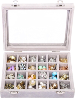 Kurtzy Schmuckständer Grauer Schmuckkoffer mit 24 Fächern - 20,2 x 15,1 x 4,6 cm (1 St)
