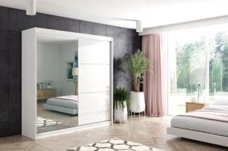 ALTDECOR Kleiderschrank mit Spiegel und Schiebetüren, kugelgelagerte Führungsschienen und Aluminium-Leisten 200 cm Weiß