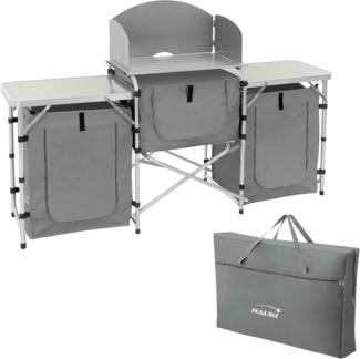 Hauki Campingschrank Camping Küche faltbar mit Tragetasche und Windschutz Outdoorküche aus Aluminium mit Arbeitsplatte 174,5x40x110,5 cm Grau