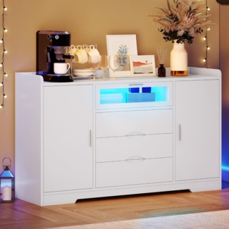 YITAHOME weißes Sideboard, Küchenschrank und Wohnzimmerkommode mit LED-Leuchten, Buffet für Flur, Eingang, Küche oder Wohnzimmer, Vitrine (140 x 35 x 85 cm)
