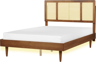 Bett mit LED AURAY 140 x 200 cm Rattan Heller Holzfarbton
