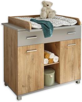 LARISSA Praktische Baby Wickelkommode inkl. Wickelaufsatz in Bolton Oak Optik / Arktisgrau - Vielseitiger Wickeltisch mit viel Stauraum - 107 x 104 x 79 cm (B/H/T)