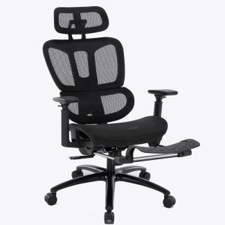 Bürostuhl in moderner Mesh-Optik mit Fußstütze ergonomischer Drehstuhl mit Nacken und Lordosenstütze - Gamingstuhl mit atmungsaktiver Netzrückenlehne und Wippfunktion Schwarz