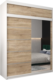Kryspol Schwebetürenschrank Verona 2-180 cm mit Spiegel Kleiderschrank mit Kleiderstange und Einlegeboden Schlafzimmer- Wohnzimmerschrank Schiebetüren Modern Design (Weiß + Sonoma mit Erweiterung)