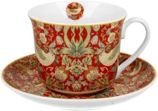 DUO ART GALLERY Jumbobecher 400 ml STRAWBERRY THIEF RED mit Untertasse, New Bone China Porzellan