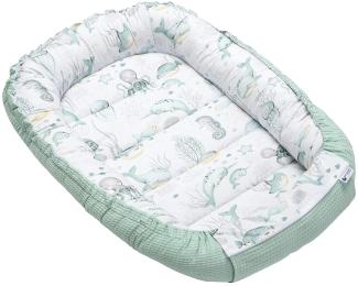 Medi Partners Babynest Kuschelnest Babynestchen 100% Baumwolle Waffle Nestchen Reisebett für Babys Säuglinge 100 x 60 x 15 cm Sicherer Verschluss (‎Ozean mit Minzer Waffle)