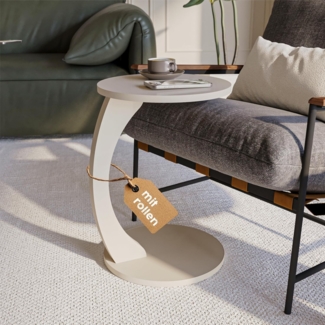sugodesign Couchtisch mit Rollen, Kleiner Beistelltisch C Form, stylischer Sofatisch in schöner Sand-Beige-Optik, runder Tisch als Ablagefläche für Couch und Sofa
