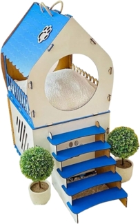 Jungengel Katzenliege 2-stöckiges Katzenhaus mit Treppe & Fenster aus Holz, Blau-Weiß, Mit Geländerbalkon, Fensteröffnungen & niedlichem Katzenmotiv