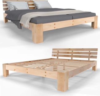 SANZARO Holzbett 160x200 cm - Massivholz Bett Kiefer Doppelbett Balkenbett Bettgestell Bettrahmen Lattenrost, Natur