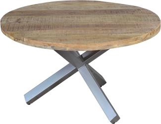 SAM Runder Esszimmertisch 130 cm Runis, Mangoholz massiv & naturfarben, Esstisch im Used-Look, silberner Metallfuß in Sternform, aufgedoppelte Tischplatte 50 mm