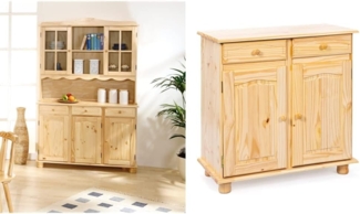 Inter Link Buffet Vitrinenschrank Küchenschrank Geschirrschrank Kiefer Massivholz Natur lackiert & Kommode Anrichte Sideboard Mehrzweckschrank Beistellschrank Kiefer massiv Natur lackiert