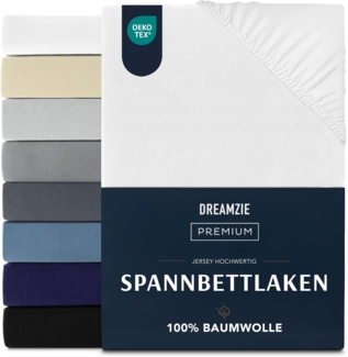Dreamzie Premium Spannbettlaken 140x200 cm, Spannbetttuch für Dicke Matratzen bis zu 22 cm, Bettlaken 100% Jersey Baumwolle, 150 g/m², Oeko-TEX Zertifiziert - Weiß