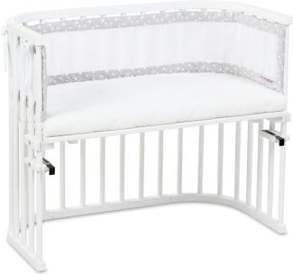 babybay Boxspring Beistellbett mit Matratze Classic Cotton Soft, weiß lackiert, mit Nestchen Mesh-Piqué perlgrau Sterne weiß