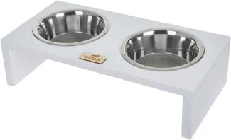 BedDog Hundenapf Duo mit Edelstahl-Schüsseln, erhöhter Doppel-Fressnapf, Hundebar, Katzennapf, Futterstation, 2x 1.6L, WHITE (weiß)