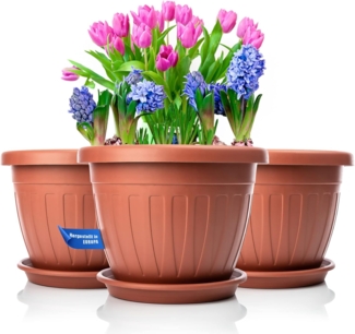 BigDean 3X Blumentopf mit Untersetzer rund ø33xH25 cm Terracotta - wetterfester Pflanzkübel - Wasserablauf UV-beständig aus bruchsicherem Kunststoff - Innen + Außen geeignet - Made in Europe