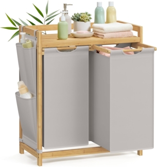 SONGMICS Wäschekorb 2 Fächer, Bambus, Wäschesammler 100 L, Wäschesortierer, mit Ablage, Wäschesack, kleine seitliche Taschen, Wäscheregal, 2 x 50 L, 63 x 33 x 78 cm, rauchgrau RLHDE100G02