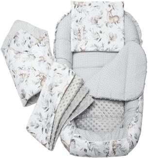 Medi Partners 5 teilig Babynestchen Set Babynest 100x60x15 herausnehmbarer Einsatz Bett Kuschelnest Krabbeldecke Babys Neugeborene 100% Baumwolle (Hirsch in Blättern mit Grau Minky)