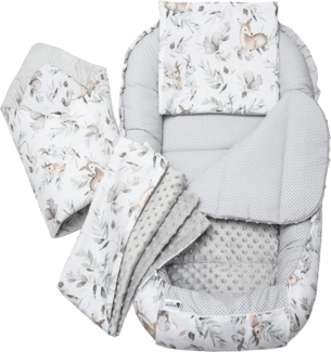 Medi Partners 5 teilig Babynestchen Set Babynest 100 x 60 x 15 herausnehmbarer Einsatz Bett Kuschelnest Krabbeldecke Babys Neugeborene 100% Baumwolle (Hirsch in Blättern mit Grau Minky)