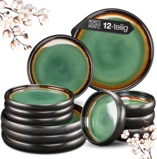 Moritz & Moritz Kombiservice SOLID 12tlg Geschirrset Grün/Braun (12-tlg), 4 Personen, Steinzeug, Kombigeschirr für 4 Personen