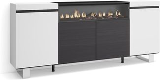 Skraut Home | Sideboard, Highboard | Kommode, Komodenschrank | 200 x 87 x 35 cm | 4 Türen | Elektrokamin. Maße | Industriedesign | Moderner Stil | Weiß und Schwarz