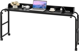 VEVOR Überbetttisch mobiler Betttisch mit 4 Rollen (2 mit Bremsen) und Steckdose, höhenverstellbarer Laptop-Rolltisch, Tragbarer Spanplatten-Überbetttisch für Zuhause Büro, Arbeitszimmer, Schwarz