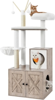 Feandrea Kratzbaum mit Katzenklo-Schrank, 151 cm hoch, 2-in-1 Katzenbaum, Schrank für Katzentoilette, mit Sisalstämmen, abnehmbaren Plüschbällen, Greige
