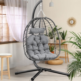 YITAHOME Hängesessel mit Kissen, Max. Belastung 150 kg, Hängesessel Outdoor mit Gestell Körbe 80 x 65 x 108 cm Hängesessel Stabiler Rattan für Garten, Indoor & Outdoor, Schwarz Eiersessel & Grau Cushio