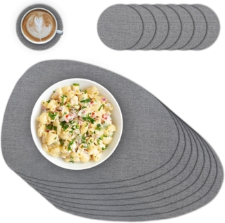 matches21 HOME & HOBBY Platzset Ovales Tischset mit Glasuntersetzer, 8er Set, in Grau meliert, (8-St), Hitzebeständige abwaschbare PVC Platzsets