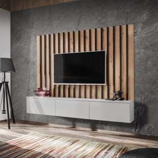 Lomadox Wohnwand VENOSA-164, Anbauwand Schrankwand 180cm, grau mit Eiche, Lamellen-Paneel