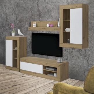 Dmora - Wohnzimmermöbel Oakland, Wohnzimmer-TV-Möbel, Wohnzimmerkombination mit 3 Hängeschränken und 1 Regal, 270x35xH113 cm, Eiche und Weiß