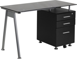 Flash Furniture Computertisch mit 3 Schubladen, Metall, Schwarze Glasplatte/silberner Rahmen, 128.270000000000001 x 67.31 x 13.97 cm