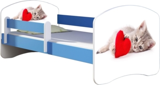 ACMA Kinderbett Jugendbett mit Einer Schublade und Matratze Blau mit Rausfallschutz Lattenrost II 140x70 160x80 180x80 (40 Katze mit Herz, 180x80)