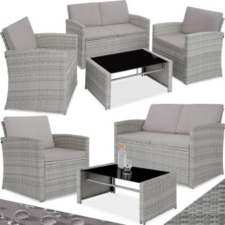 tectake Lounge Gartenmöbel Set Poly Rattan für den Garten, Möbel für den Balkon, 12-teilige Garten Lounge (wetterfest), Essgruppe mit Outdoor Sofa, Sessel und Tisch für 4 Personen (Grau Meliert/Grau)