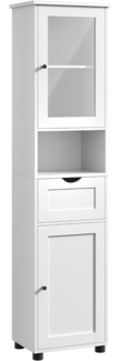 VASAGLE Badezimmerschrank, Badschrank, Hochschrank, offenes Fach, Glastür, schmal, Badezimmermöbel, Badmöbel mit Füßen, höhenverstellbare Ablagen, platzsparend, wolkenweiß BBK163W01