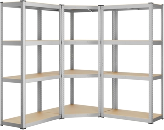 SONGMICS Eckregal-Set 4 Ebenen, Schwerlastregal, Metall, Lagerregal für Garage, Abstellraum, Kellerregal, bis 1500 kg belastbar, silbern-naturbeige GLR056E03