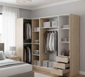 Dmora Succiso, Eckschrank für das Schlafzimmer, Eck-Kleiderschrank mit 5 Flügeltüren, 214 x 91 x 184 cm, Eiche, 5 Türen