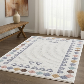 Teppich Wohnzimmer Hochflor - 160x230cm - Ethno - Cream Multi - Modern Raute Meliert Muster Skandinavisch Flauschig Kinderzimmer Schlafzimmer Dekoration