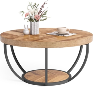 LITTLE TREE Runder Couchtisch, 81,3 cm, runder Couchtisch für Wohnzimmer, 2-stöckiger Holzakzent-Mitteltisch mit offenem Stauraum, Industrie-Design, Wohnmöbel (Holzmaserung und Schwarz)