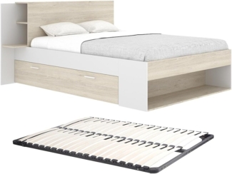 Vente-unique - Bett mit Stauraum + Lattenrost - 140 x 190 cm - Holzfarben & Weiß - KEROSIA