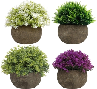 Belle Vous Outdoorteppich Künstliche Mini Pflanzen Set in Grün, Lila und Weiß - 4er Pack, Höhe: 150,00 mm