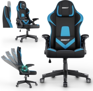 Onbest Gaming-Stuhl ergonomisch mit Lordosenkissen bis 150kg, 360°, verstellbare Armlehnen Kopfstütze Rückenlehne