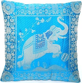 Handgewebter indischer Banarasi Seide Deko-Kissenbezug mit Extravaganten Elefant Design in Blau - 40 cm x 40 cm