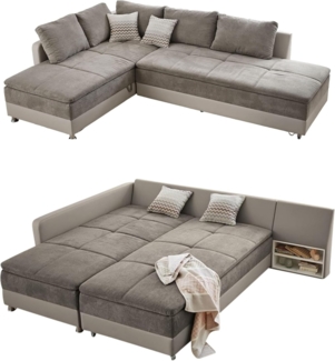 luma-home Ecksofa 15102, Dauerschläfer-Doppelbett 306x223 cm, Schwenkteil rechts, Bettkasten, Regal, Boxspring, Federkern, Wellenunterfederung, Topper, Mikrofaser Grau Braun/Kunstleder Beige