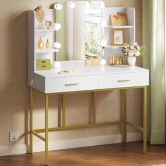 WOLTU Schminktisch mit Spiegel, LED-Beleuchtung und 2 Schubladen, Holz weiß/gold, 45 x 136 x 90 cm