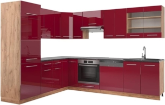 Vicco Eckküche Bordeaux Hochglanz/Goldkraft Eiche 227 x 60 cm ohne Arbeitsplatte, Fame-Line