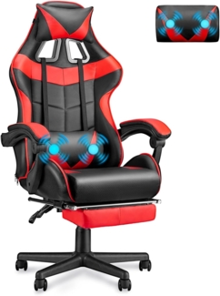 Soontrans Gaming Stuhl Massage, Gaming Sessel mit Fußstütze & Kopfstütze & Massage-Lendenkissen, Gepolsterte Armlehnen, Ergonomisch Gaming Stuhl für Gamer YouTube Livestreaming Xbox (Rot)