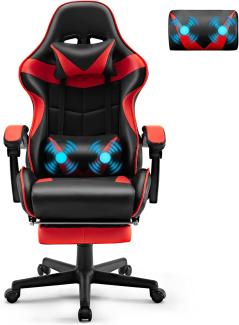 Soontrans Gaming Stuhl Massage, Gaming Sessel mit Fußstütze & Kopfstütze & Massage-Lendenkissen, Gepolsterte Armlehnen, Ergonomisch Gaming Stuhl für Gamer YouTube Livestreaming Xbox (Rot)