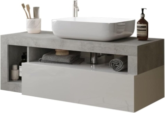 Robas Lund Hamburg Waschtisch, Modern, Badezimmer, 110 x 61 x 49 cm, Weiß Hochglanz/Betonoptik, Holzwerkstoff, Wandmontage, mit Keramik-Waschbecken
